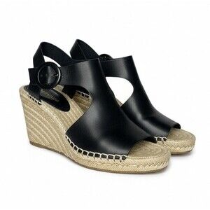 Via Spiga Nolan Black Leather Espadrille Wedge Sandal Women's Sz 7 Spain